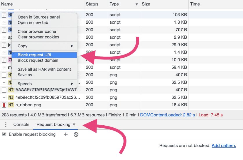 Chrome 開發人員工具「效能」面板中內容選單的螢幕截圖。已醒目顯示「Block request URL」選項。