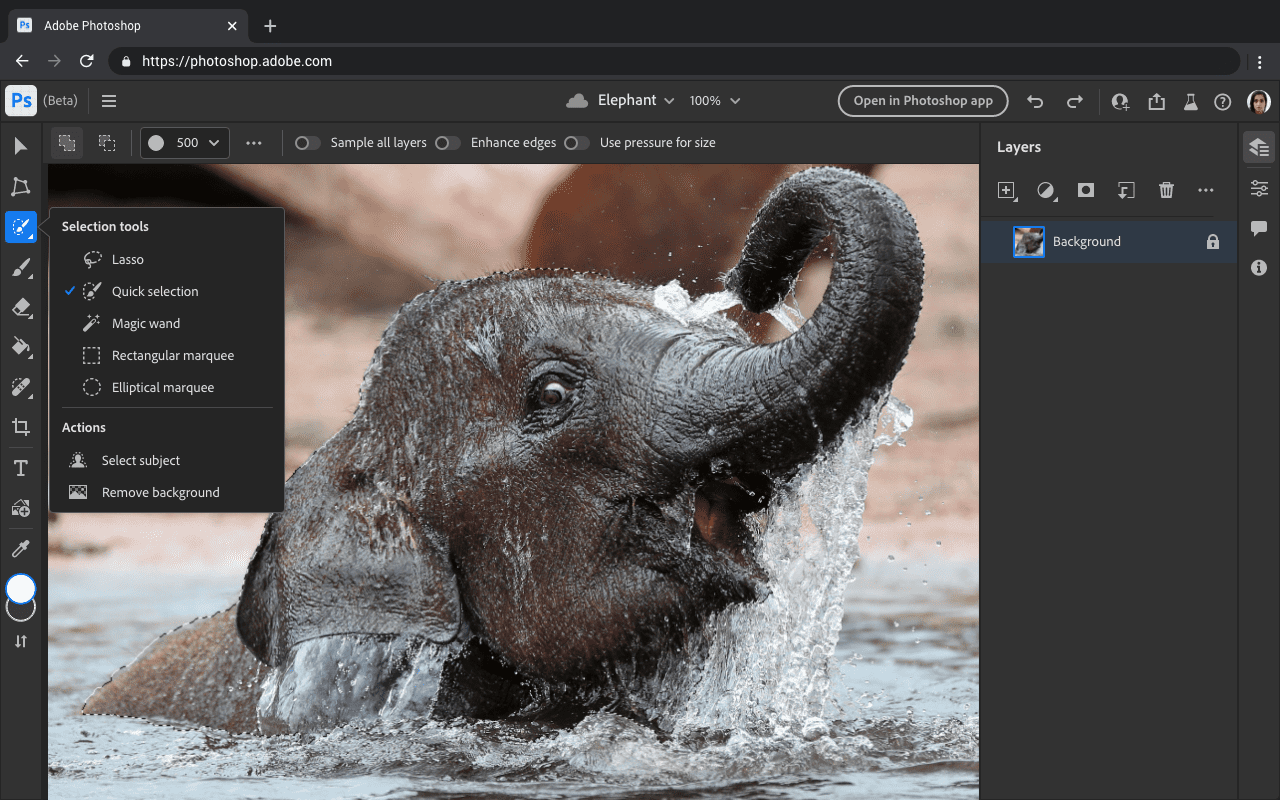 Application Web Photoshop exécutée dans un navigateur avec une image représentant un éléphant sur le canevas et l&#39;élément de menu &quot;Outils de sélection&quot; ouvert. 