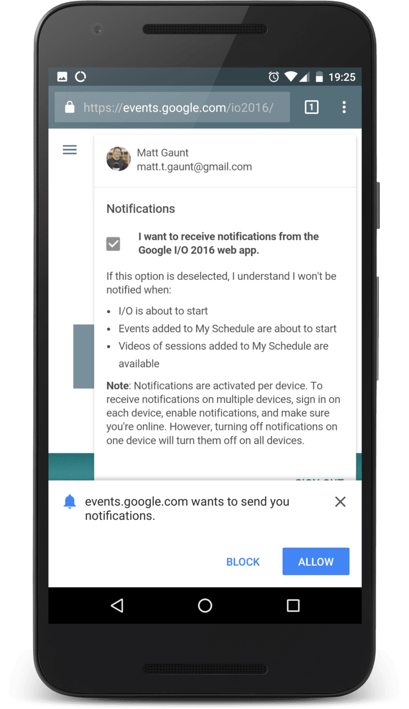 Aplikacja internetowa Google IO wyświetlająca prośbę o przyznanie uprawnień.