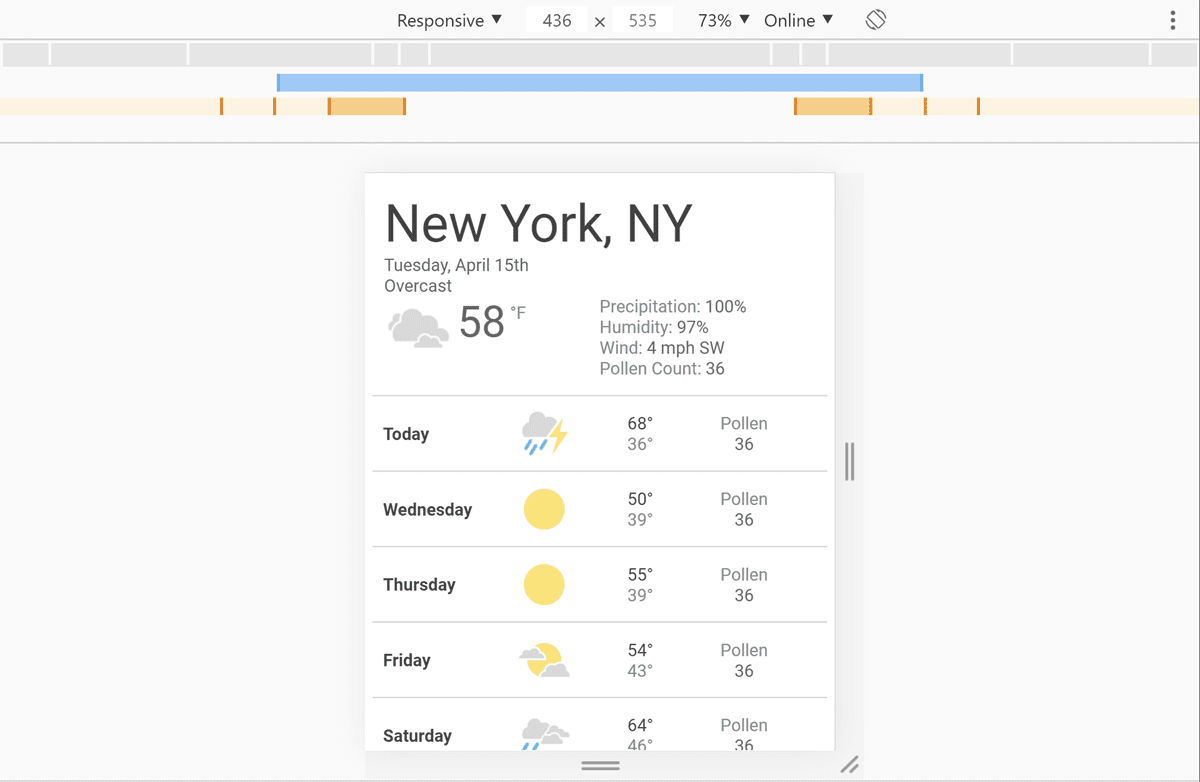 DevTools com nosso app de clima aberto e uma largura de 436 pixels selecionada.