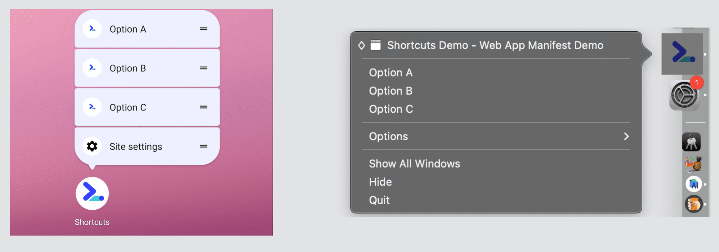 Scorciatoie delle app in Android e macOS.