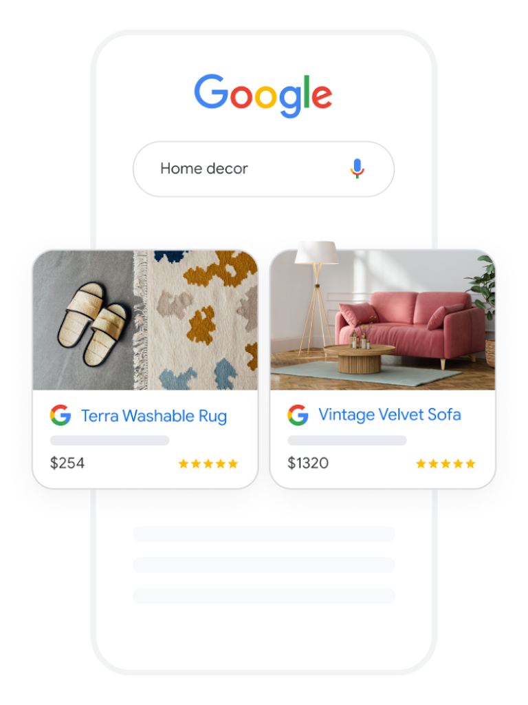 A search query for “home decor” and two relevant furniture Shopping Ads in Google Search results.